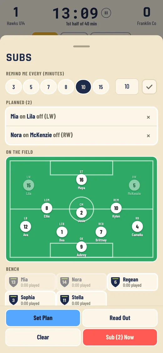 Subs screen with two planned substitutions listed, the pitch and the bench.